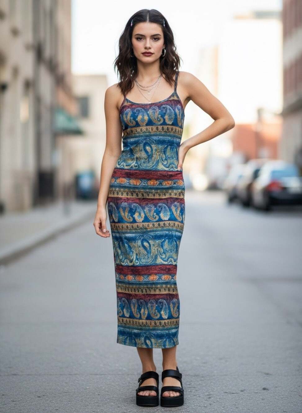 Vintage 80s/90s Aqua Blues Ornate Maxi Dress